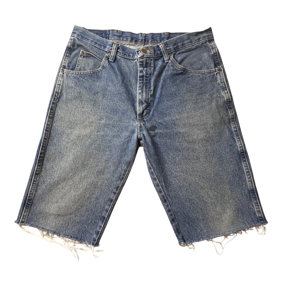 Wrangler Denim Shorts Mens 34 Blue Cut Off‎ Raw Hem 5-Pocket 96501DS Jorts Y2K